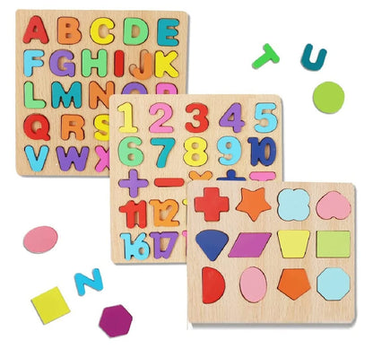 Wooden Learning Educational Game Board for Kids, Puzzle Toys for 2 Years Old Boys & Girls (Alphabets, Numbers & Shapes)